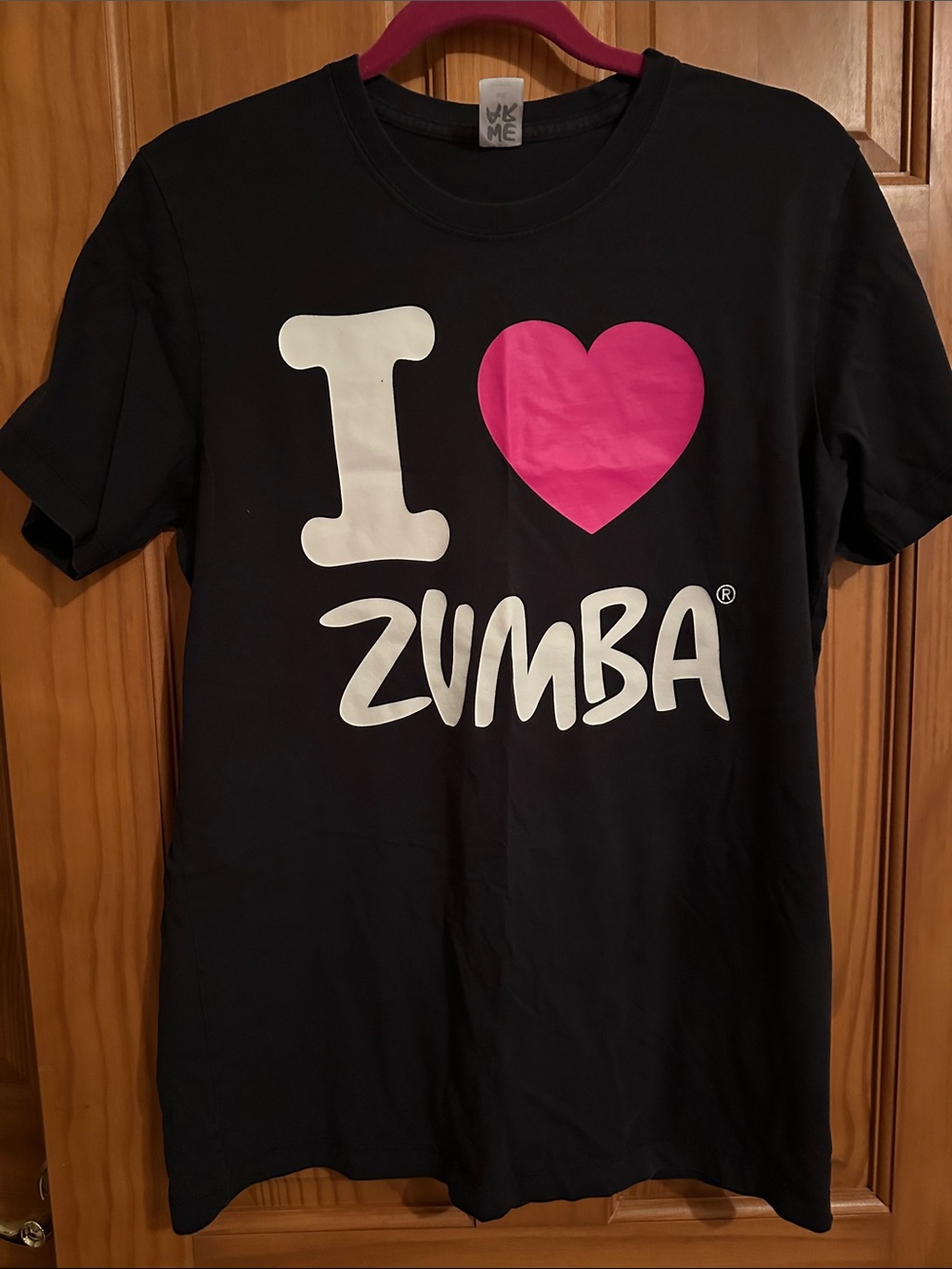 Zumba Fitness Black womens Tee with Pink Heart & White Logo
